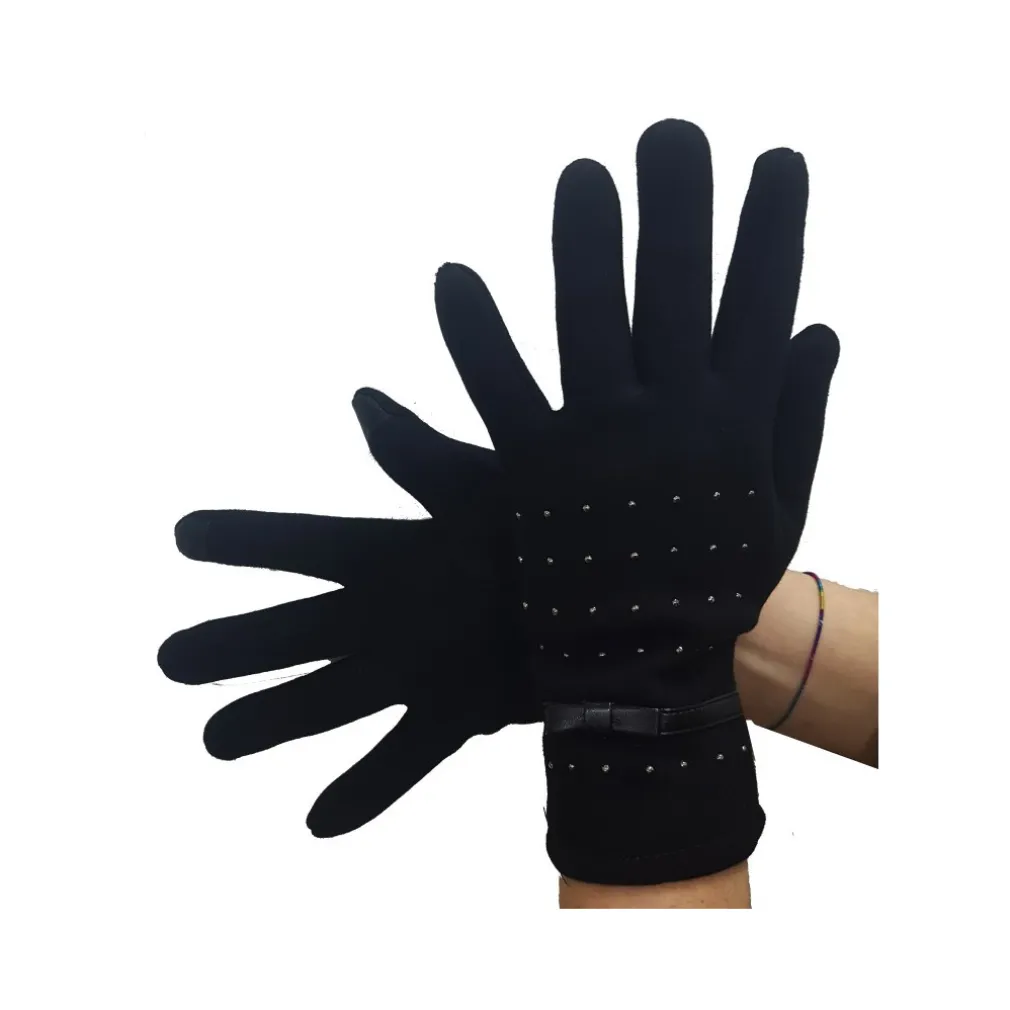 GUANTI TESSUTO COTONE DONNA NERO FIOCCO GLITTER TAGLIA 8 1/2 GLOVES FODERA