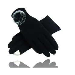 GUANTI TESSUTO NERO COTONE PON PON GUANTO TAGLIA 8 GLOVES INVERNALE FODERA PILE