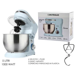 IMPASTATRICE PLANETARIA DA CUCINA 1000W 5LT CON COPERCHIO PARASCHIZZI 3 GANCI 6 VELOCITÀ