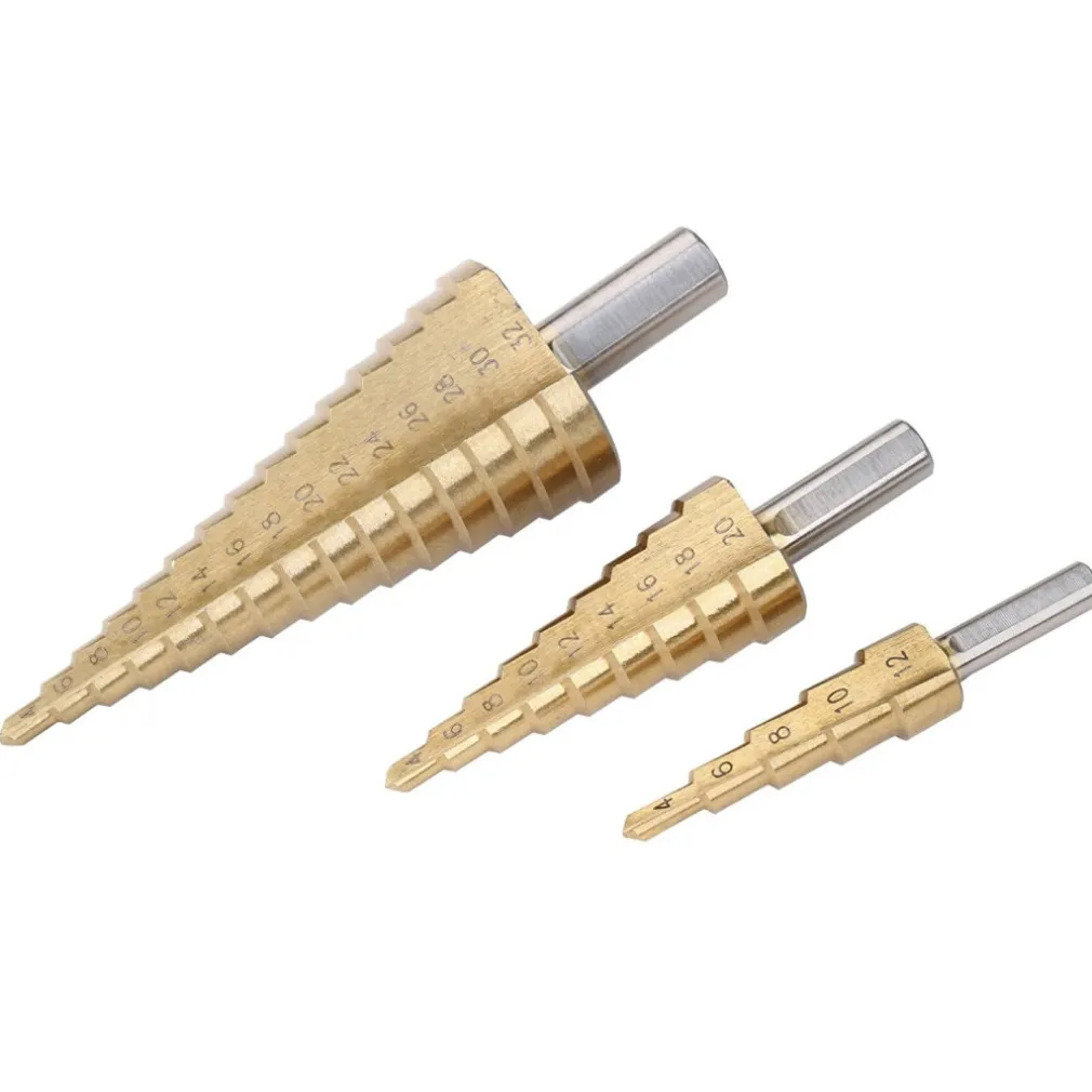 KIT 3 PUNTE FRESE CONICHE GRADINO 4-12 4-20 4-32 1/4 TITANIO TRAPANO AVVITATORE