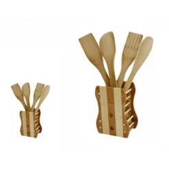 KIT 5 PZ CUCINA PORTA MESTOLO MESTOLI IN LEGNO BAMBÙ CON 4 MESTOLI POSATE 67375