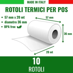 KIT 10 ROTOLI POS IN CARTA TERMICA 57MMX20MT UNIVERSALI COMPATIBILI CON DISPOSITIVI POS