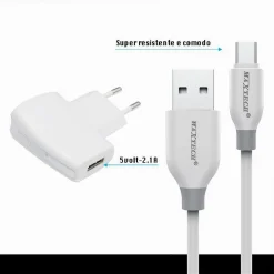 KIT CARICABATTERIA ADATTATORE DI RICARICA CON CAVO MICRO USB 1MT MAXTECH CA-S036