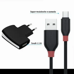 KIT CARICABATTERIA ADATTATORE DI RICARICA CON CAVO MICRO USB 1MT MAXTECH CA-S036