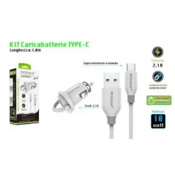 KIT CARICABATTERIA AUTO 5V-2.1A CAVO TYPE-C USB 1MT RICARICA 10W MAXTECH MA-TC02