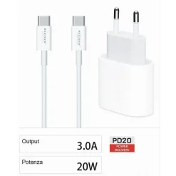 KIT CARICABATTERIA CARICATORE CAVO 1 MT TYPE-C PD 20 WATT 3A SMARTPHONE CA-S053