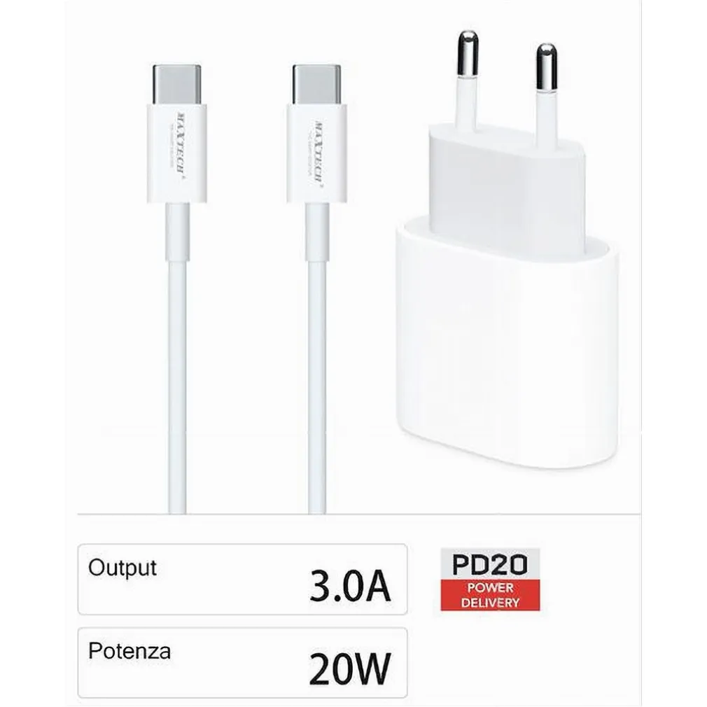 KIT CARICABATTERIA CARICATORE CAVO 1 MT TYPE-C PD 20 WATT 3A SMARTPHONE CA-S053