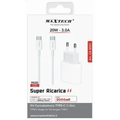 KIT CARICABATTERIA CARICATORE CAVO 1 MT TYPE-C PD 20 WATT 3A SMARTPHONE CA-S053