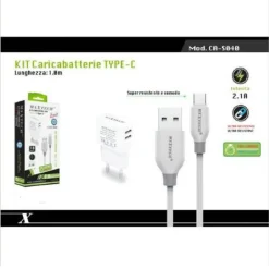 KIT CARICABATTERIA SPINA 2 PORTE USB + CAVO TYPE-C 1 METRO 3A MAXTECH CA-S040