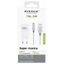 KIT CARICABATTERIA SPINA 2 PORTE USB + CAVO TYPE-C 1 METRO 3A MAXTECH CA-S040