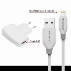 KIT CARICABATTERIE + CAVO USB CONNETTORE LIGHTNING 10W 2.1A 1MT MAXTECH CA-S035