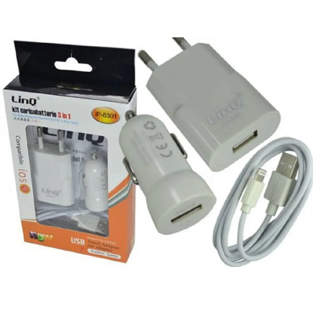 KIT CARICABATTERIE 3 IN 1 ADATTATORE AUTO RETE CAVO USB LIGHTNING 1 MT IP-6301