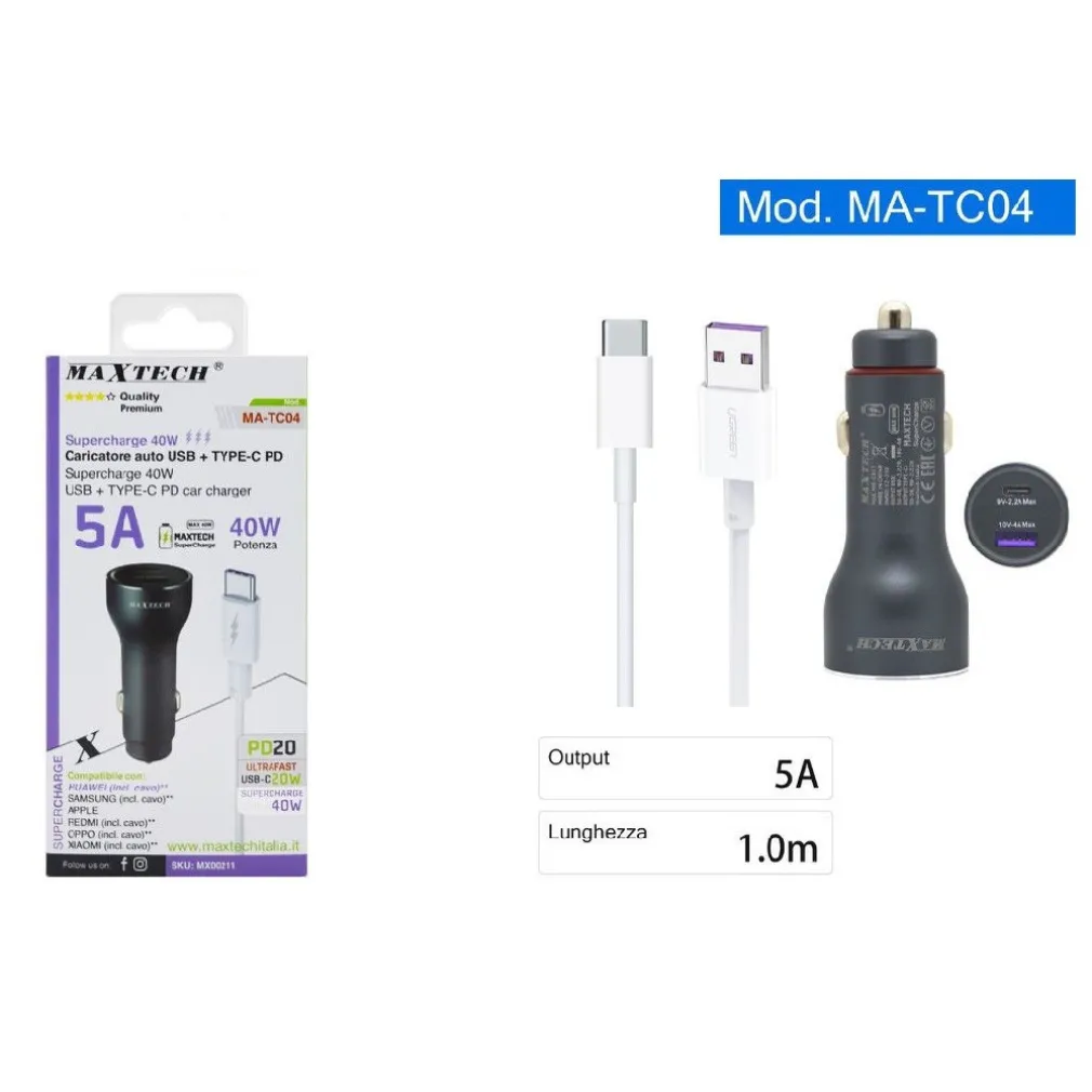 KIT CARICABATTERIE AUTO TYPE-C/USB RICARICA RAPIDA 40W 5A CAVO DATI 1 MT MA-TC04