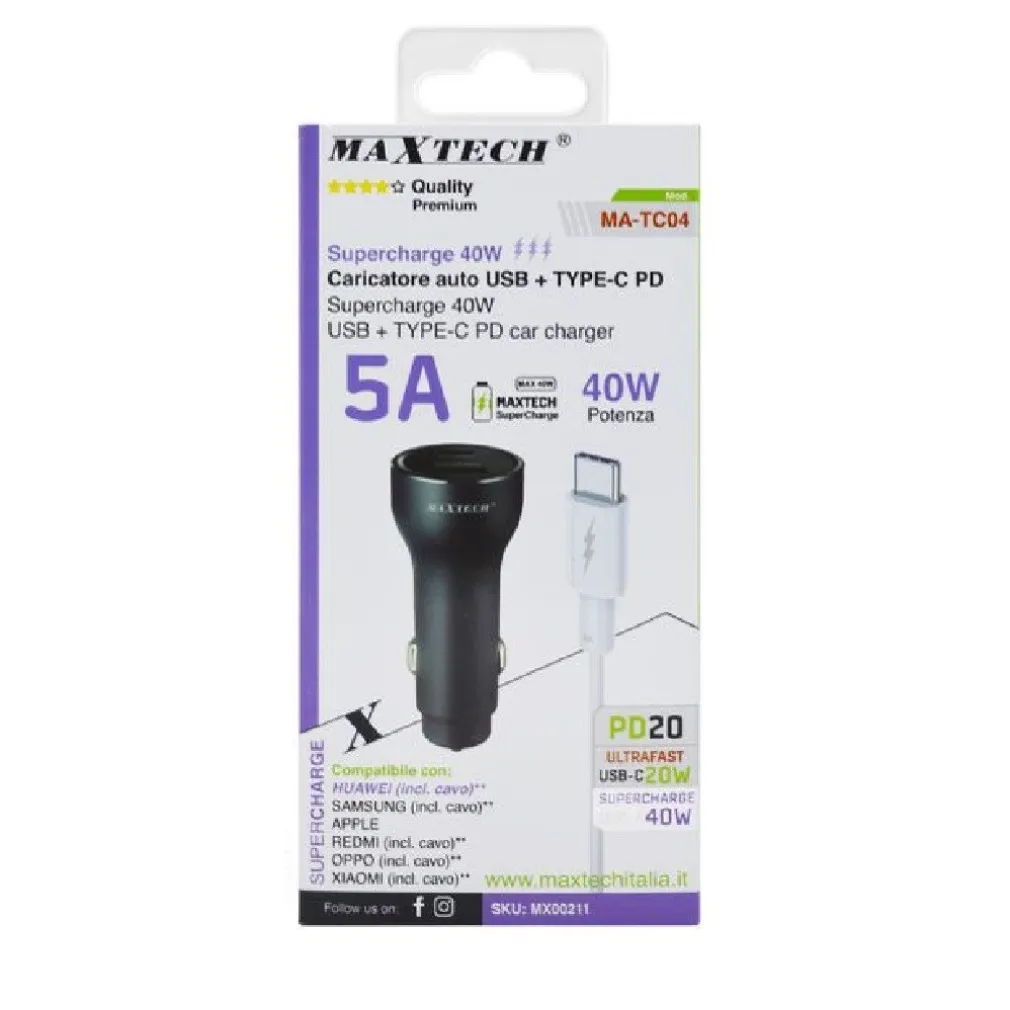 KIT CARICABATTERIE AUTO TYPE-C/USB RICARICA RAPIDA 40W 5A CAVO DATI 1 MT MA-TC04