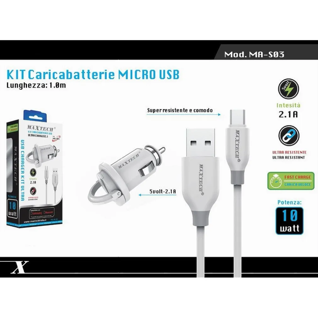 KIT CARICABATTERIE CARICATORE DA AUTO + CAVO MICRO USB 1MT 10WATT MAXTECH MA-S03