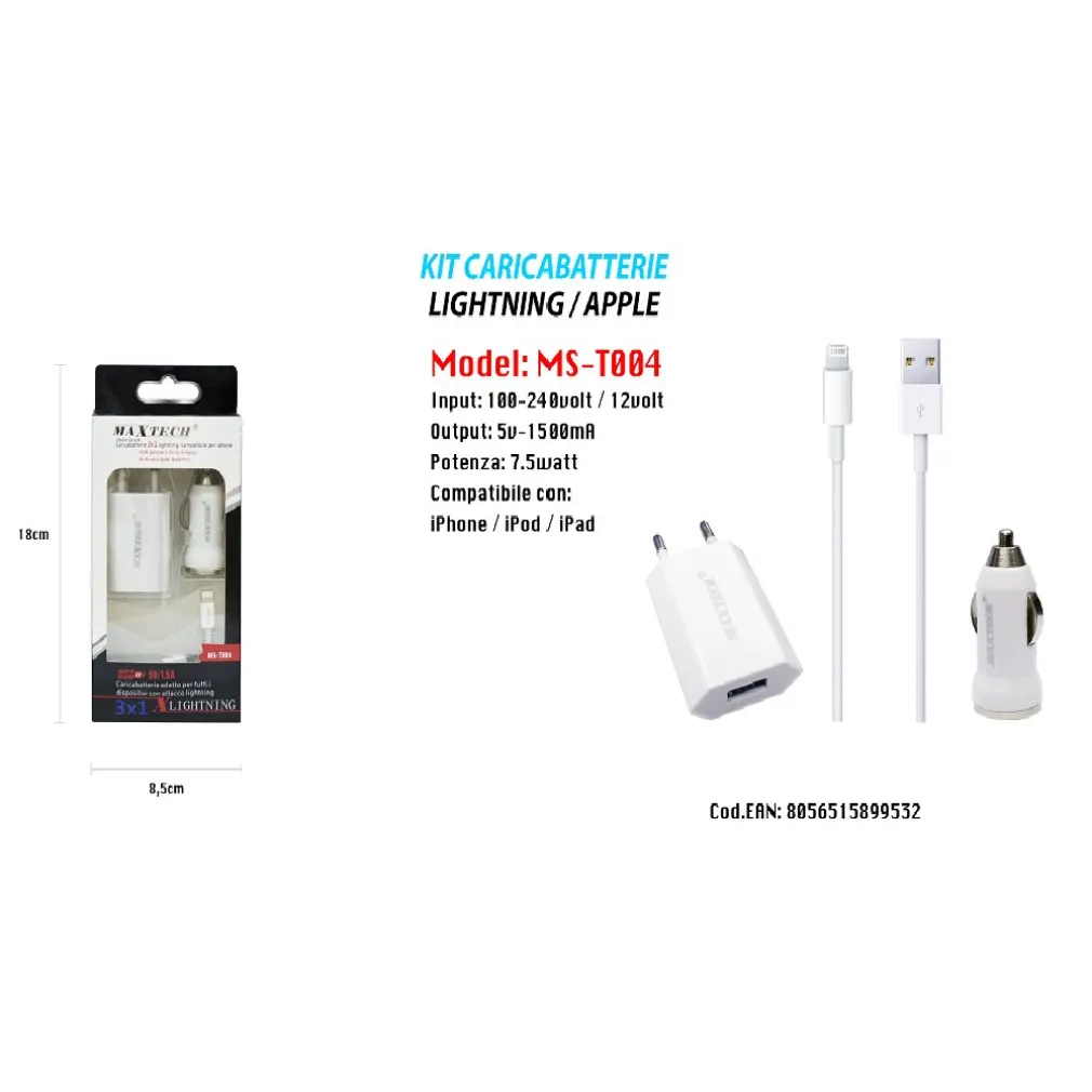 KIT CARICABATTERIE CELLULARE SMARTPHONE CAVO USB CELLULARI CASA AUTO MS-T004