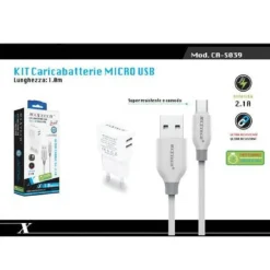 KIT CARICABATTERIE DA MURO 2 PORTE USB 2.1A + CAVO MICRO USB 1MT MAXTECH CA-S039
