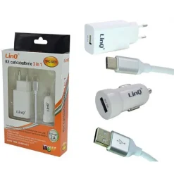 KIT CARICABATTERIE 3IN1 ADATTATORE CARICATORE AUTO RETE CAVO USB TIPO C TPC-3301