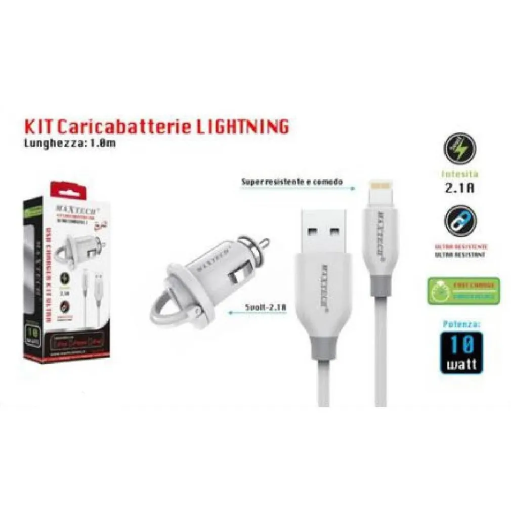 KIT CARICABATTERIE LIGHTNING 1MT RICARICA AUTO CAVO DATI 10 WATT MAXTECH MA-IP03