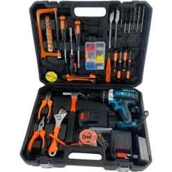 KIT DA 100 PEZZI COMPLETO DI ATTREZZI CON TRAPANO AVVITATORE A BATTERIA VALIGIETTA