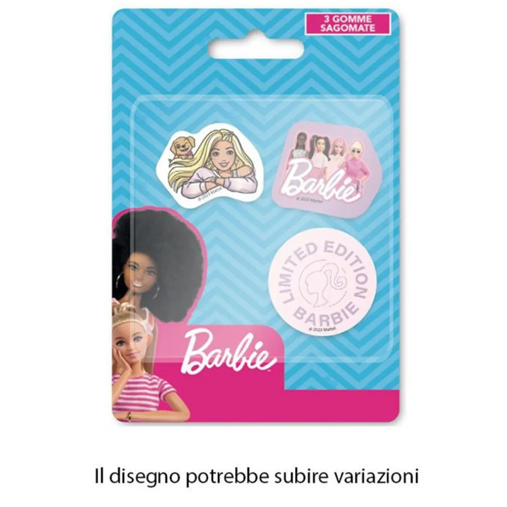 KIT GOMME PER CANCELLARE 3PZ SAGOMATE TEMA BARBIE CANCELLERIA PER BAMBINE SCUOLA 953704