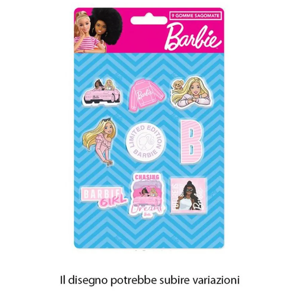 KIT GOMME PER CANCELLARE 9PZ SAGOMATE TEMA BARBIE CANCELLERIA PER BAMBINE SCUOLA 955364