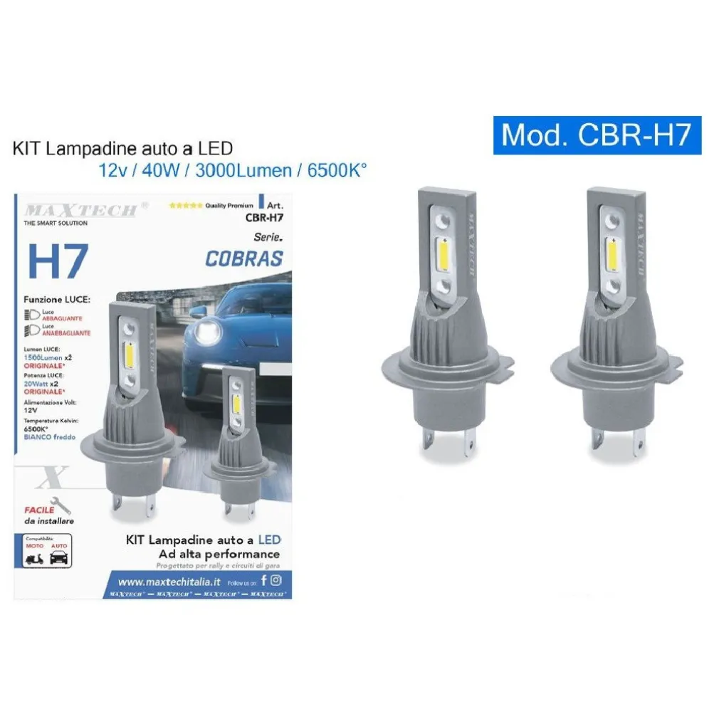 KIT LAMPADINE SOSTITUZIONE LAMPADE AUTO MOTO LED H7 12V 40W 3000LM 6500K CBR-H7