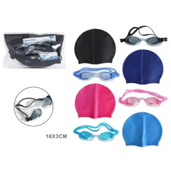 KIT OCCHIALINI DA NUOTO + CUFFIA IN SILICONE DA NUOTO UNISEX PER PISCINA 4 COLORI 618446