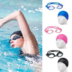 KIT OCCHIALINI DA NUOTO + CUFFIA IN SILICONE DA NUOTO UNISEX PER PISCINA 4 COLORI 618446