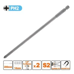 KIT 2PEZZI DI BITS DA 200MM GAMBO 1/4" 6.35MM S2 MAGNETICA CROCE TESTA PH2 57249