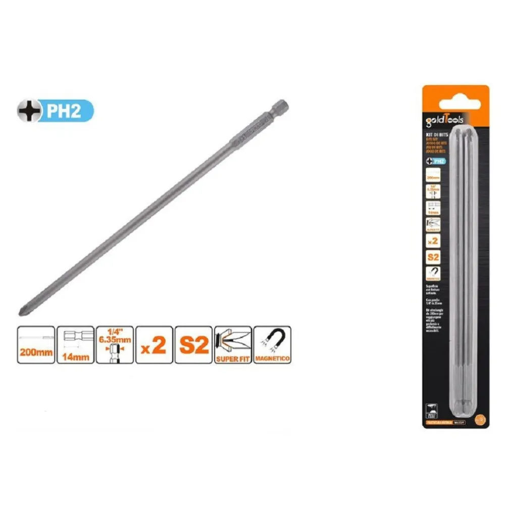 KIT 2PEZZI DI BITS DA 200MM GAMBO 1/4" 6.35MM S2 MAGNETICA CROCE TESTA PH2 57249