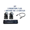 KIT PROIETTORE LED RGB TESTA MOBILE ROTANTE 7 LED DMX + MIXER DMX RGB 192
