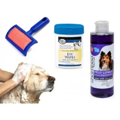 KIT PULIZIA CANI SHAMPOO AZIONE DISTRICANTE SALVIETTINE SPAZZOLA CARDATORE PELO LUNGO