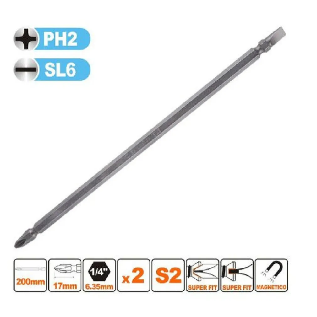KIT 2PZ DI BITS DA 200MM PUNTE DOPPIE INSERTI PH2 + SL6 PUNTA S2 MAGNETICA 57246