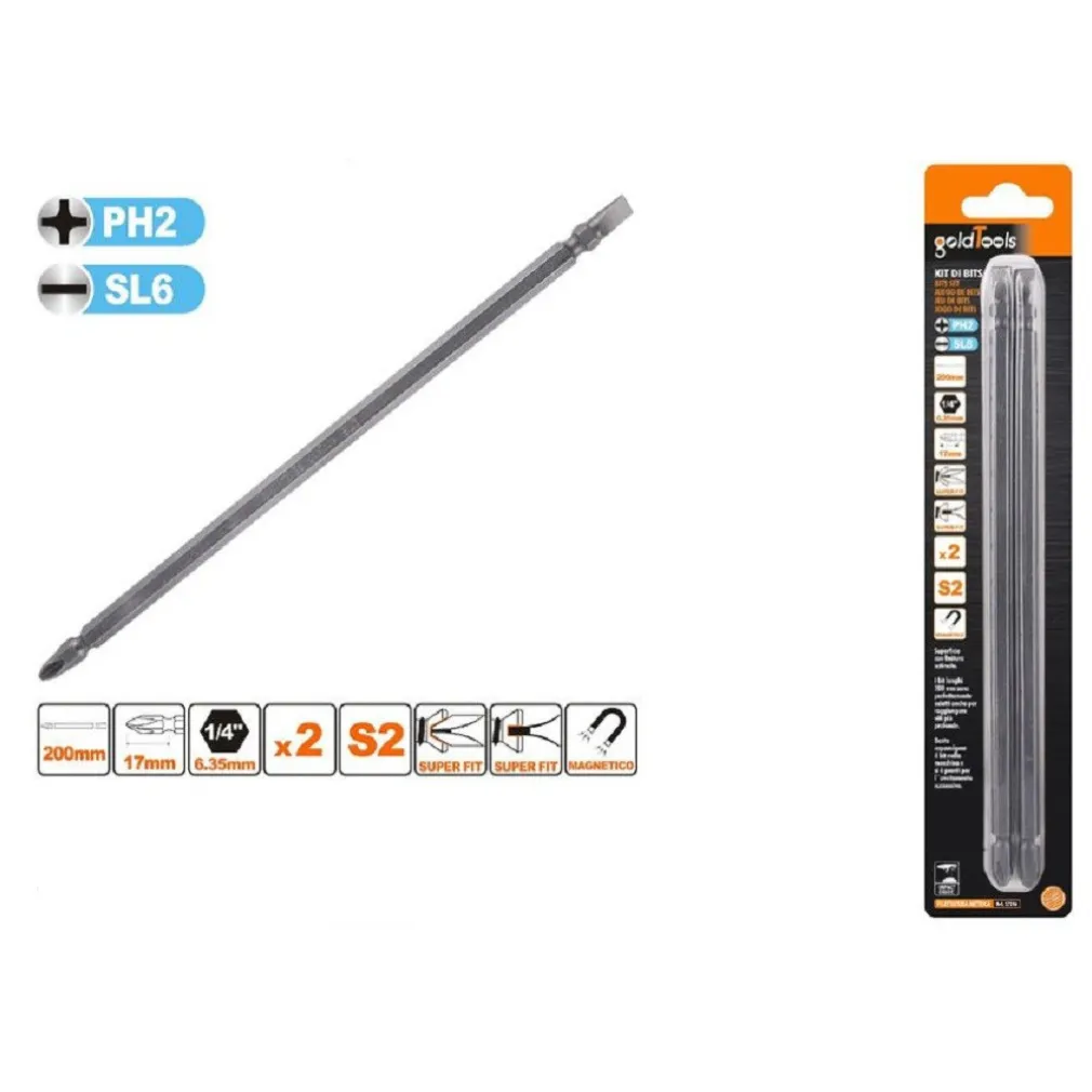 KIT 2PZ DI BITS DA 200MM PUNTE DOPPIE INSERTI PH2 + SL6 PUNTA S2 MAGNETICA 57246