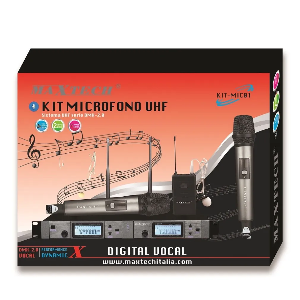 KIT RADIOMICROFONI WIRELESS 2 CANALI UHF RICEVITORE DISPLAY DIGITALE MAXTECH KIT-MIC01