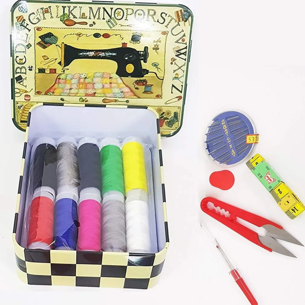 KIT SCATOLA IN LATTA DA CUCITO SARTA DA VIAGGIO FILO AGO DITALE FORBICI METRO