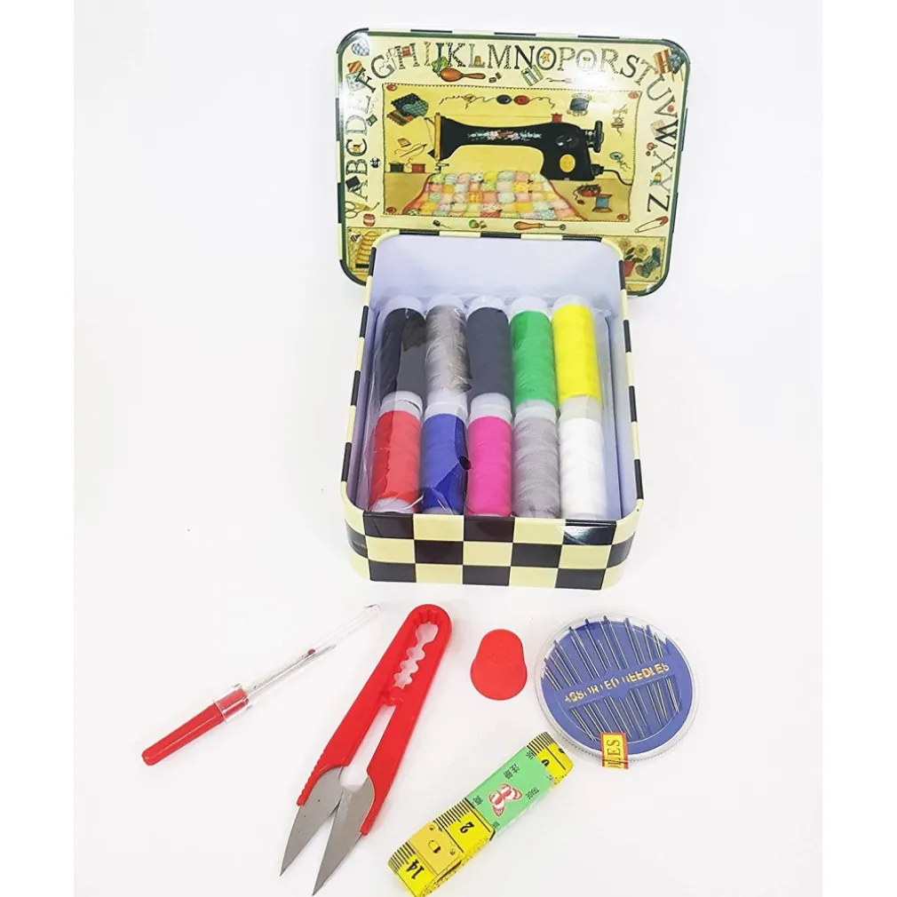 KIT SCATOLA IN LATTA DA CUCITO SARTA DA VIAGGIO FILO AGO DITALE FORBICI METRO