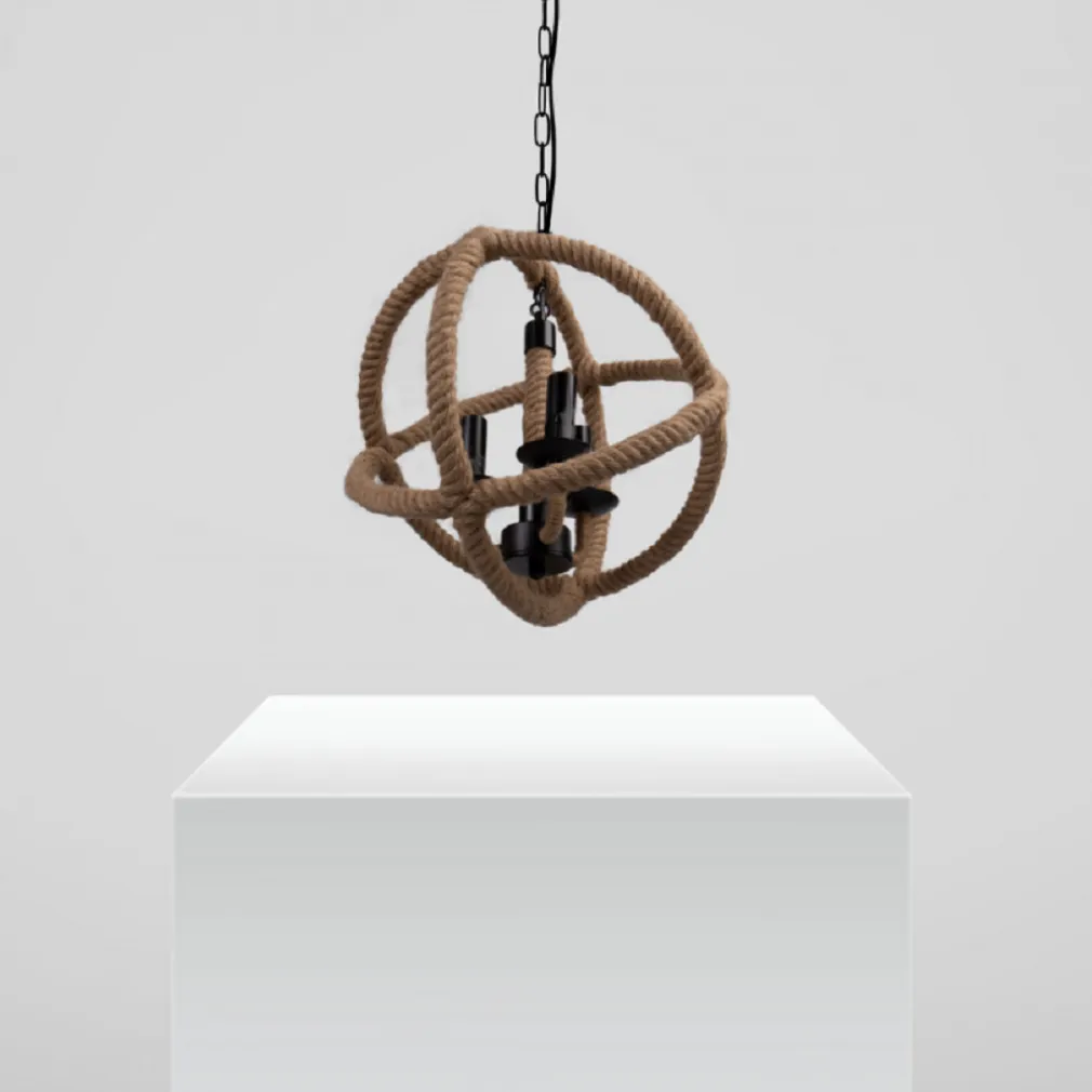 LAMPADARIO A SOSPENSIONE RUSTICO INDUSTRIALE E14 SFERA IN CORDA METALLO B55-3