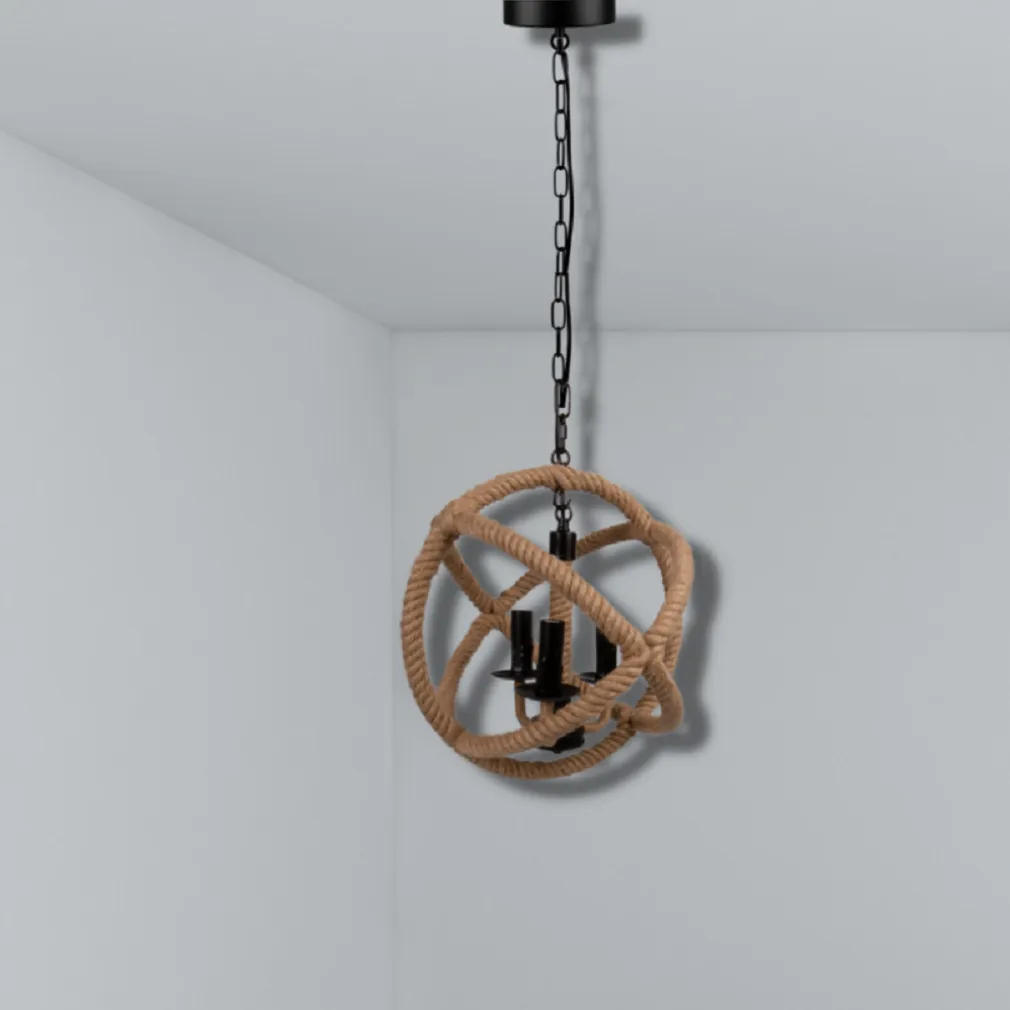 LAMPADARIO A SOSPENSIONE RUSTICO INDUSTRIALE E14 SFERA IN CORDA METALLO B55-3