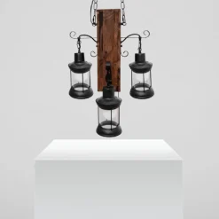 LAMPADARIO A SOSPENSIONE RUSTICO INDUSTRIAL CON LANTERNE E27 LEGNO METALLO B54-4