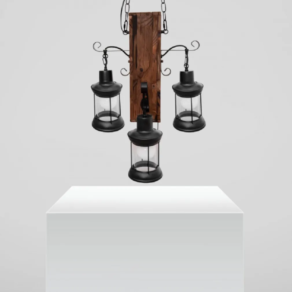 LAMPADARIO A SOSPENSIONE RUSTICO INDUSTRIAL CON LANTERNE E27 LEGNO METALLO B54-4