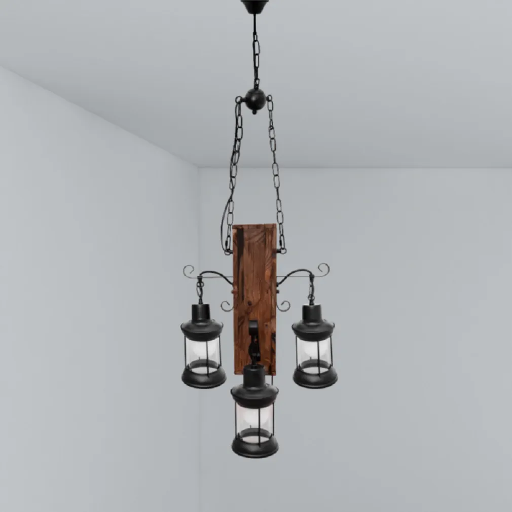 LAMPADARIO A SOSPENSIONE RUSTICO INDUSTRIAL CON LANTERNE E27 LEGNO METALLO B54-4