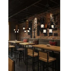 LAMPADARIO A SOSPENSIONE RUSTICO INDUSTRIAL CON LANTERNE E27 LEGNO METALLO B54-4