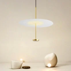 LAMPADARIO A SOSPENSIONE LUCE 4000K LED 18W DISCO PARALUME PIATTO BIANCO ORO TONDO 33191