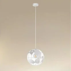 LAMPADARIO A SOSPENSIONE MAPPAMONDO E27 IN METALLO BIANCO SFERA GLOBO SOSPESO 33931