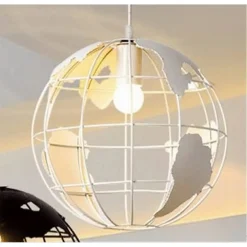 LAMPADARIO A SOSPENSIONE MAPPAMONDO E27 IN METALLO BIANCO SFERA GLOBO SOSPESO 33931
