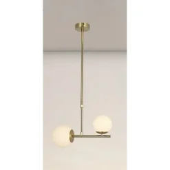 LAMPADARIO A SOSPENSIONE ORO CON 2 SFERE IN VETRO BIANCO OPACO ATTACCO G9 E27 33481