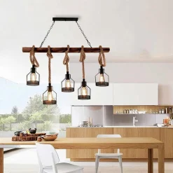 LAMPADARIO A SOSPENSIONE 5 PORTALAMPADA CORDA LAMPADA VINTAGE COUNTRY E27 A91-5