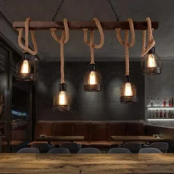 LAMPADARIO A SOSPENSIONE 5 PORTALAMPADA CORDA LAMPADA VINTAGE COUNTRY E27 A91-5